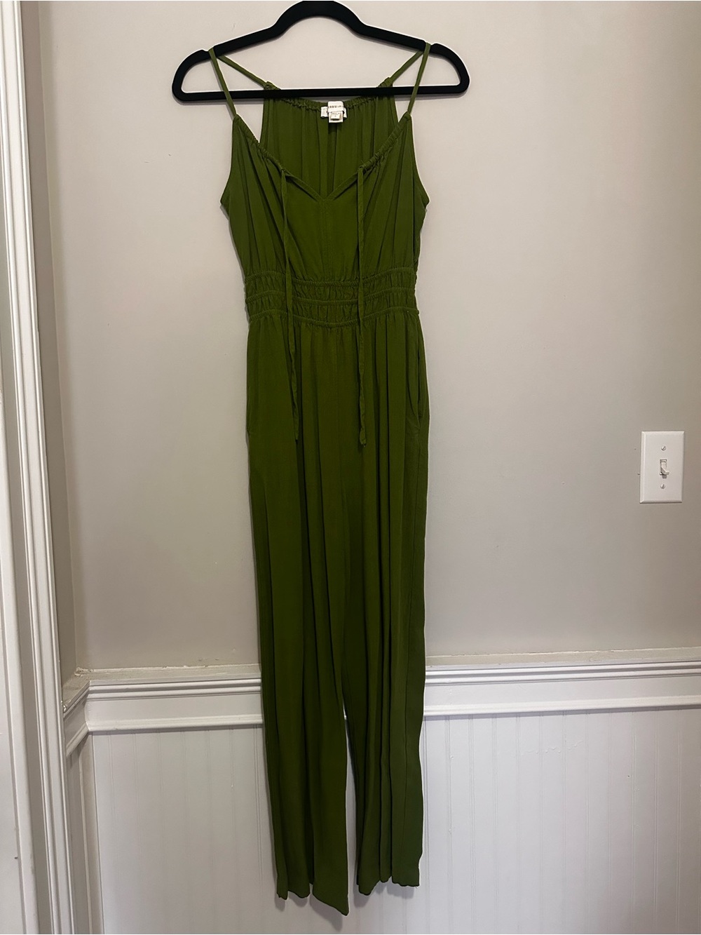 Sleeveless Olive Green Smocked-Waist Jumpsuit
